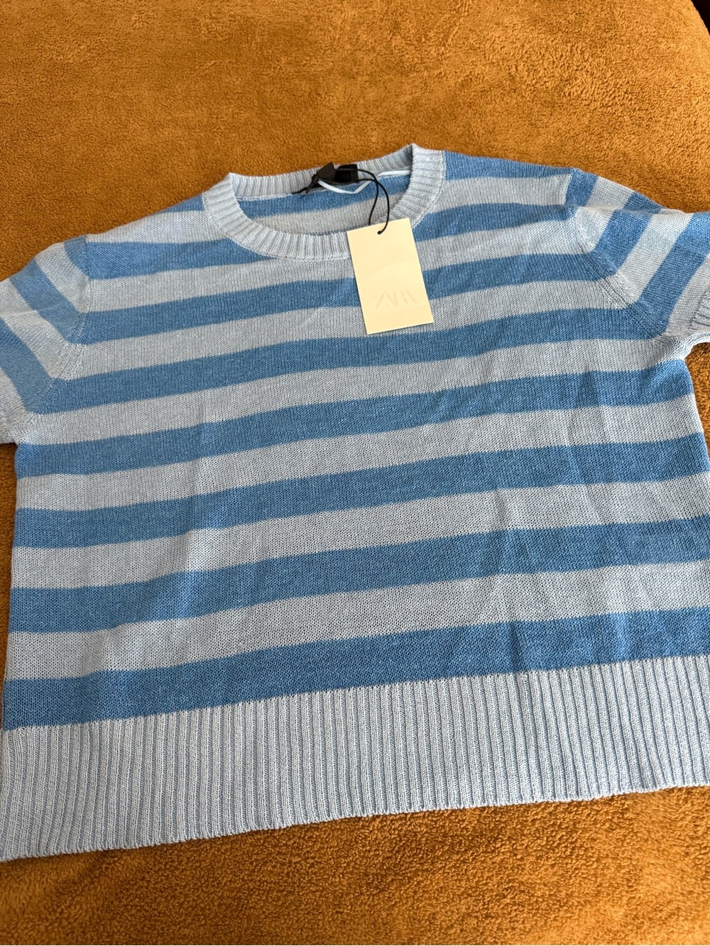 Zara Blue and Light Blue Striped Crewneck Sweater